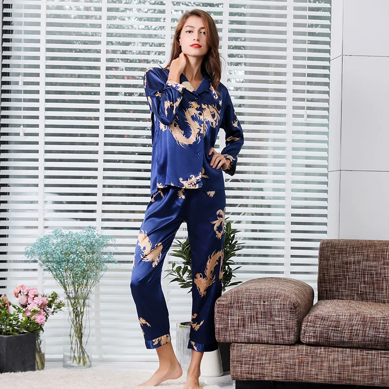 Men Silk Pajamas Pyjama Set Couples Chinese Style Dragon Dragon