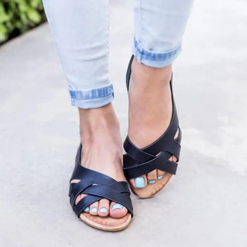 

LOOZYKIT Summer Shoe Woman Open Toe Sandals Low Heel Women Cross Tied Flat Women Sandals Beach Shoe Plus Size Flip Flop Casual