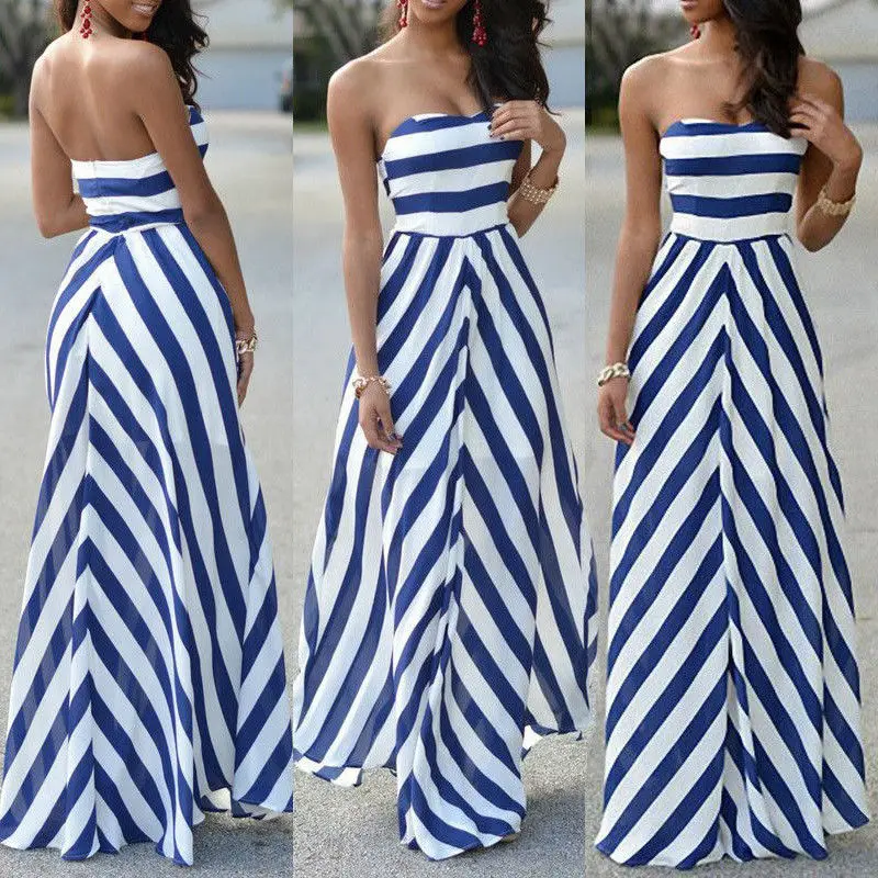 

Hirigin 2019 Newest Women Ladies Boho Striped Chiffon Summer Party Night Evening Beach Long Maxi Dress Elegant Sundress