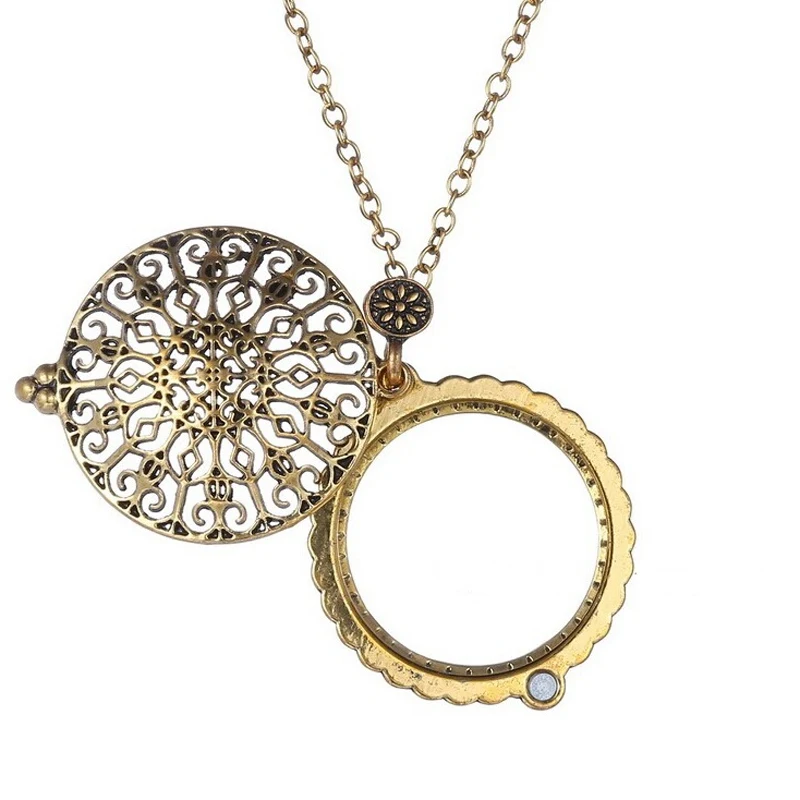 Starožitný design duté řezbářství vyřezávaný květ zvětšovací sklo přívěsek řetězec náhrdelník módní ženy dívky šperky dárek