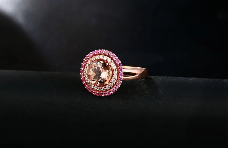 18K Rose Gold 1.54CT Round Cut Morganite 0.22ct Diamond & Sapphires Engagement Ring Free shipping