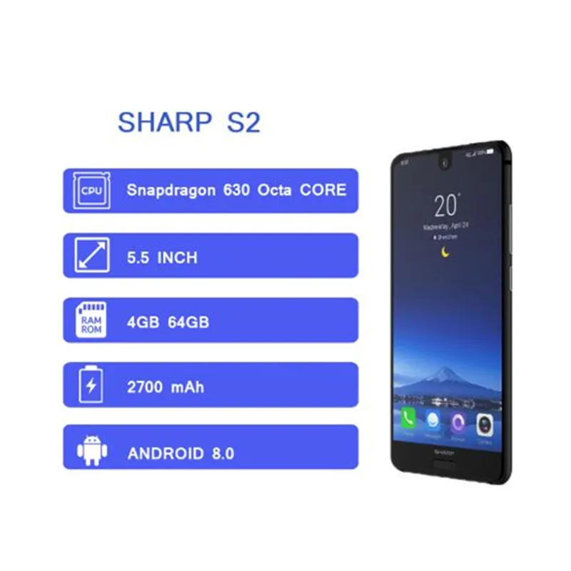 Смартфон SHARP AQUOS C10 S2, 4 Гб+ 64 ГБ, face ID, 5,5 '', FHD+ Snapdragon630, четыре ядра, Android 8,0, 12 МП, 2700 мА/ч, мобильный телефон