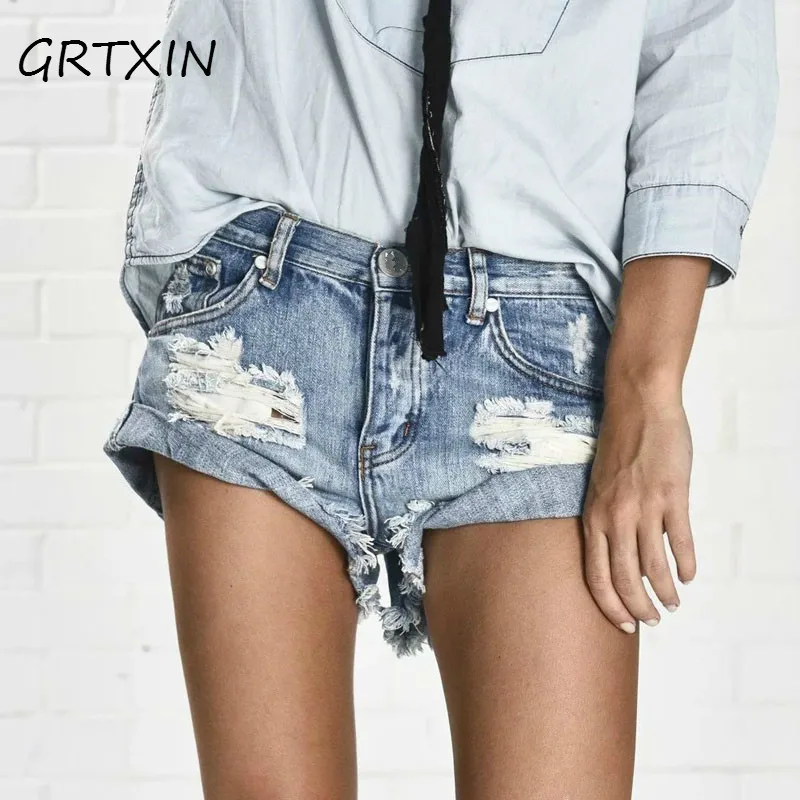 

Vintage ripped hole fringe denim thong shorts women sexy pocket one teaspoon jeans shorts 2018 summer girl hot denim booty short