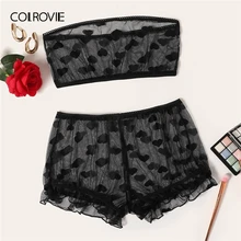 COLROVIE, черный, без бретелек, с узором в виде сердца, с оборкой, прозрачное сексуальное женское белье, набор, женское нижнее белье,, прозрачное нижнее белье, бюстгальтер и трусы