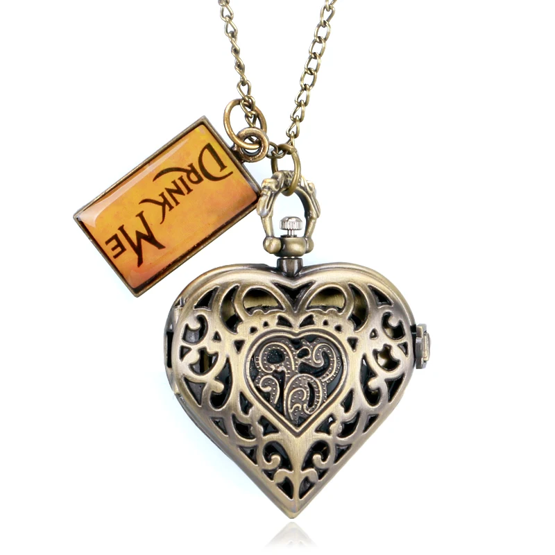 

Trendy Fashion Women Necklace Heart-Shape Steampunk Modern Exquisite Carving Pocket Watch Gift with Drink Me Tag