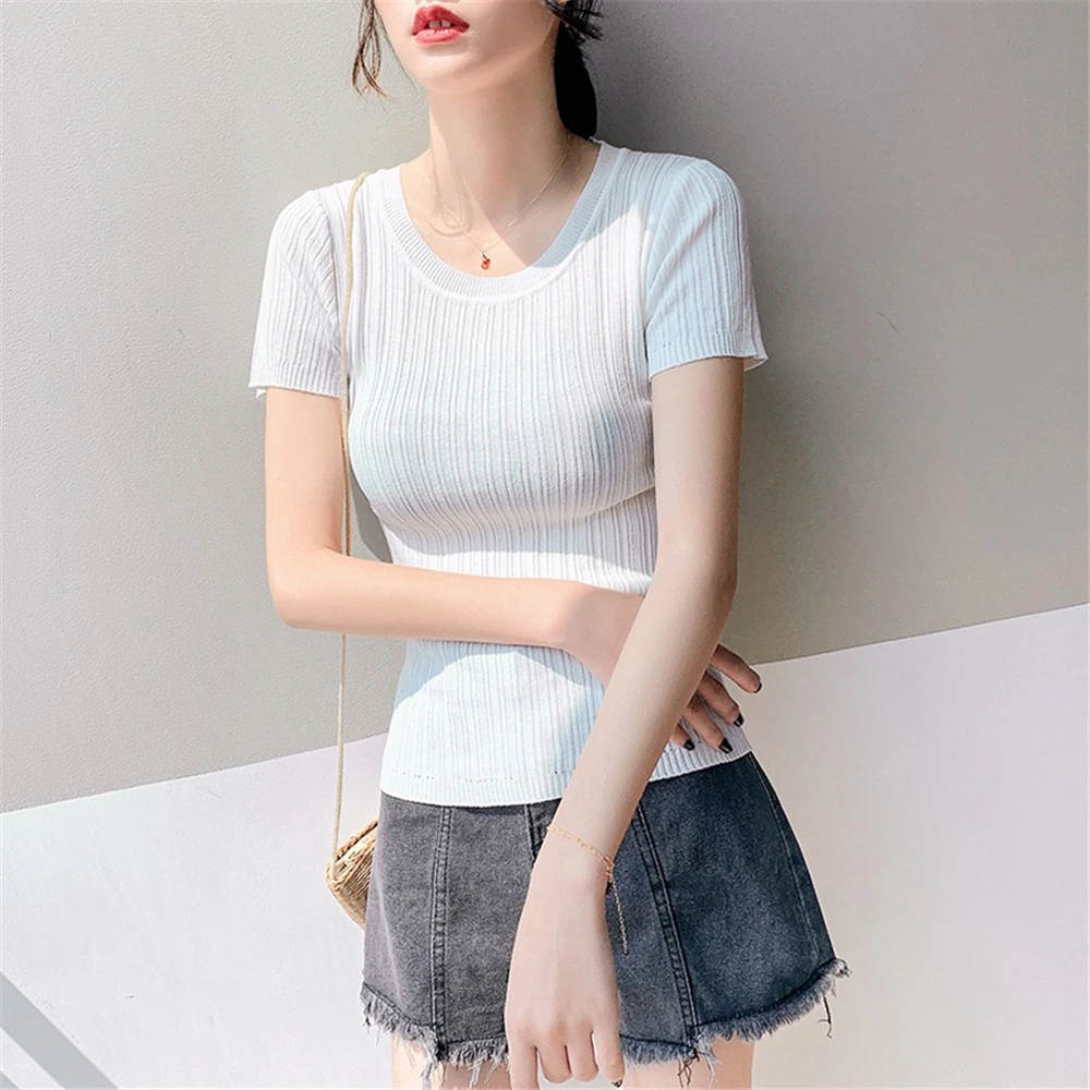 Women s Summer Knitted Ball Sweater Solid Color Cotton Round Neck Short Sleeve Fashion Elastic Striped Girl Sweet Slim T-Shirt