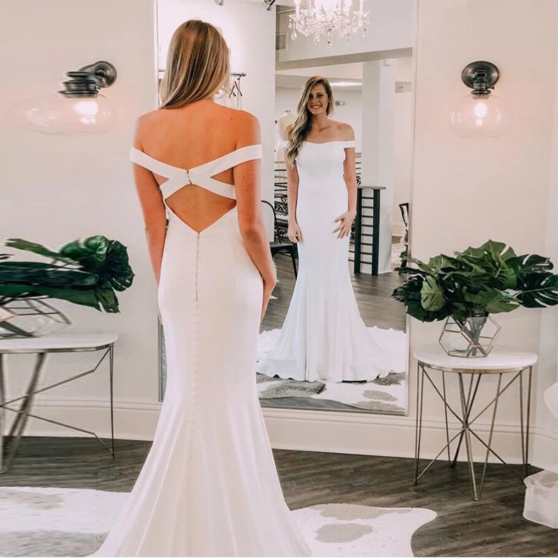 

Off Shoulder Mermaid Wedding Dress Crisscross Back Chapel Train White Ivory Simple Vestido De Novia Covered Button Wedding Gowns