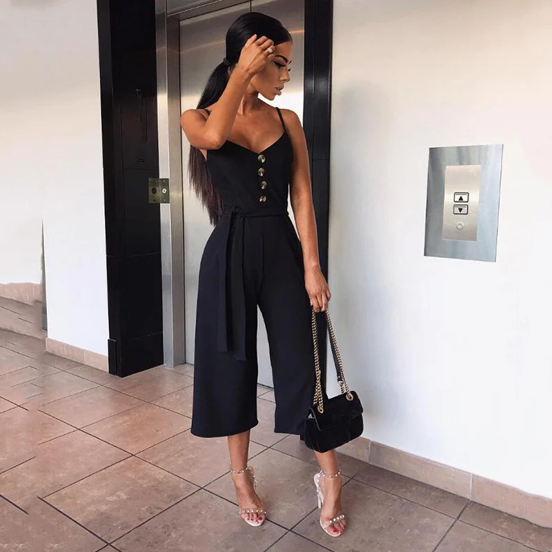 

Summer Jumpsuits for Women Buttons Bow Loose Solid Lace Up Spaghetti Strap Sexy Overalls Bandage Rompers Women Jumpsuit N36