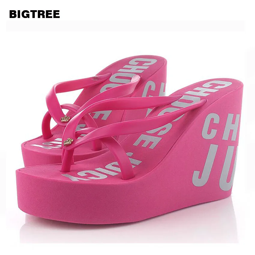 Bigtree Новый fip FOPS женщин Ева 11 см высокий каблук 4 см Летняя женская обувь на платформе на танкетке Вьетнамки пляжная обувь 40 txj