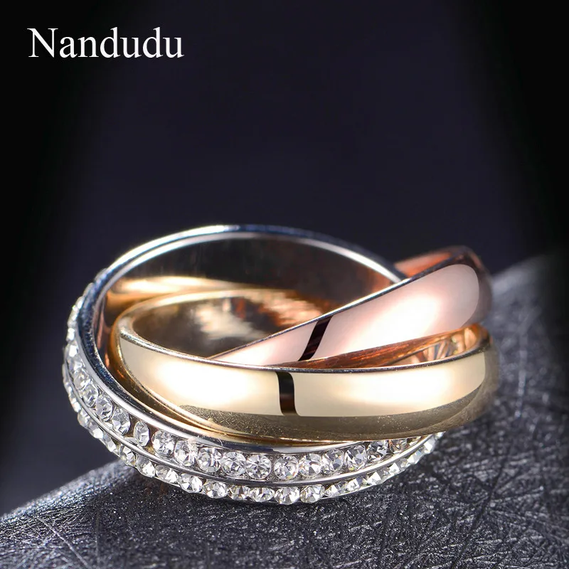 Nandudu 3 в 1 кольцо модный тренд хорошие Кристаллы ювелирные изделия подарок для женщин Горячая Распродажа три золотых цвета кольца аксессуары R586