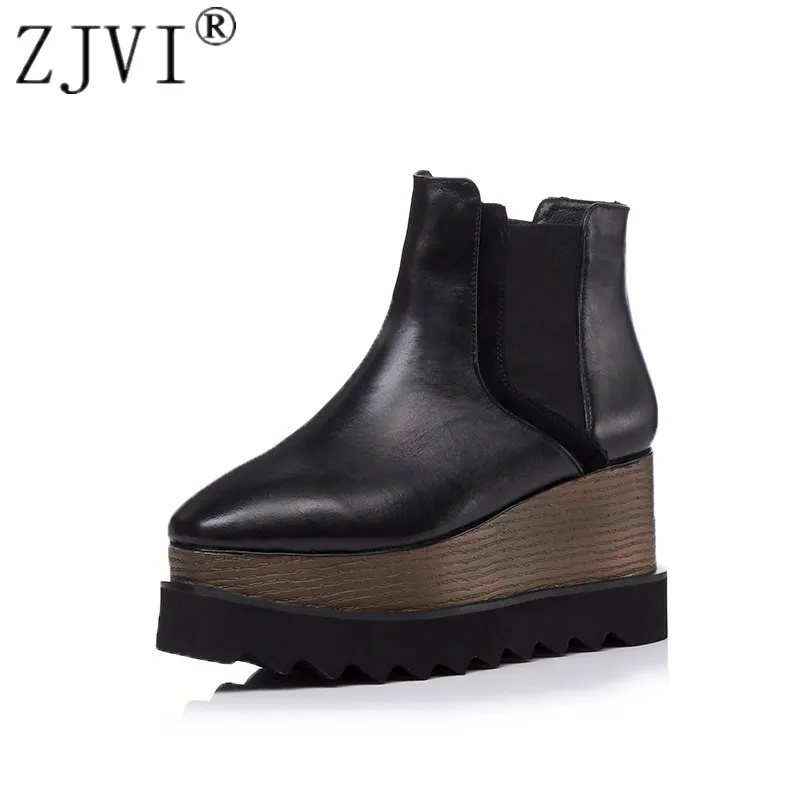 

ZJVI womens genuine leather ankle boots 2018 women sexy stretch spring autumn platform boots fashion woman flats ladies shoes