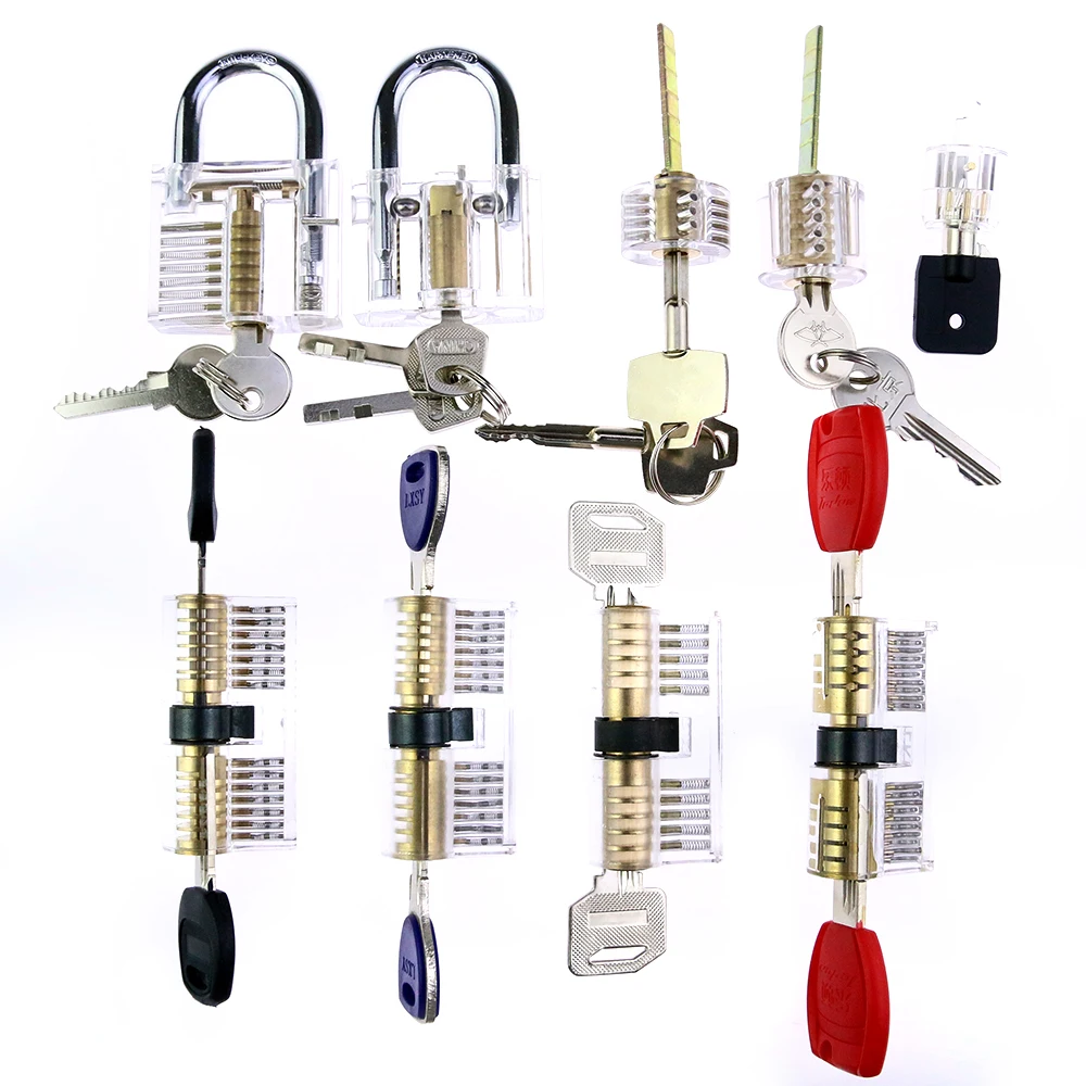 

Locksmith Lockpick tool set 9 Different Transparent Cutaway Crystal lock+9pcs lockpick tool set for GIFT for Practicing Skills