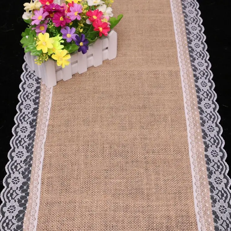 

38cm*220cm Retro Natural Hessian Jute Burlap Lace Table Runner Country Rustic Home Party Wedding Decoration