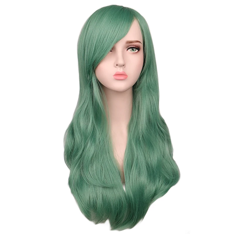 

QQXCAIW Long Curly Cosplay Costume Party Women Wig Green 70 Cm High Temperature Synthetic Hair Wigs