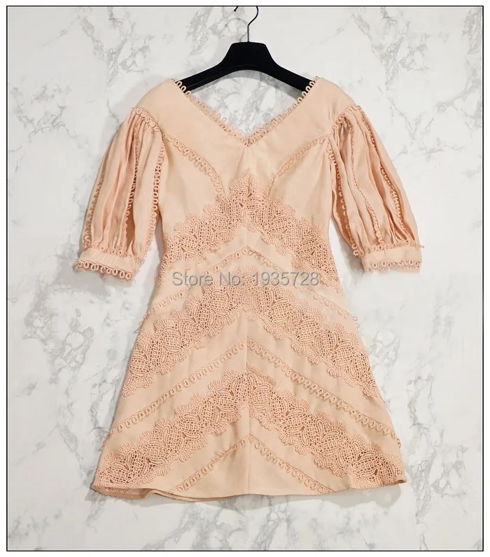 

2018 Summer Resort Luxury Woman Nude Pink PAINTED HEART CHEVRON DRESS V neck lace trim Dropped shoulder elbow Sleeves Spiral Hem