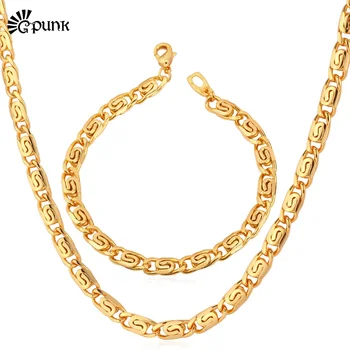 

Jewelry Sets Fashion Hot New 'yellow ' Stamp Gold color Chunky Bracelets Necklace Figaro jewelry Set Men Jewelry (VITO S5448)