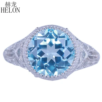 

HELON Solid 14k (AU585) White Gold 4.89ct 100% Genuine Natural Blue Topaz Diamonds Ring Women Engagement Vintage Trendy Jewelry