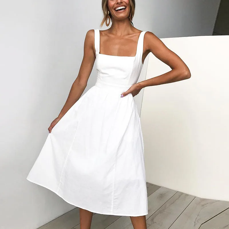

Ladies Dress Sleeveless Party Solid Color Square Neck Spaghetti Straps Elegant