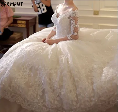 

30% Discount 2019 New Wedding Lace Tail Long Sleeve Aristocratic Elegant Bride Print Explosion Wedding Dress Spot