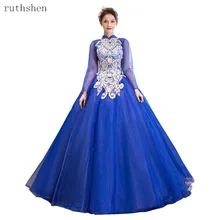 Бальные платья, синие Бальные платья с длинным рукавом и высокой горловиной, Vestidos De 15 Sixteen, милые пышные дебютантные платья, Robe De Bal