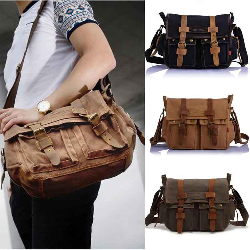 5 Colors Men Women Vintage Canvas Leather School Military Shoulder Bag