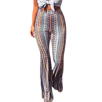 

KLV Newly 2018 Women Sexy Wide Leg Pants Striped Printed Elastic Waistband Mid-waist Wide Pants Dropshipping F28