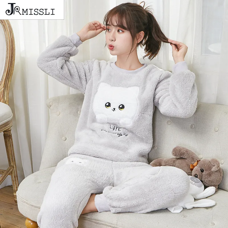 

JRMISSLI Thickening Warm Flannel Pajama Women Autumn Winter Pyjama Female O-Neck Comfortable Sleepwear Homewear G888