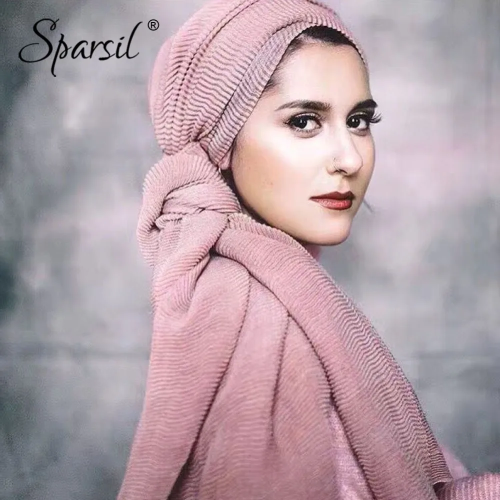 

Sparsil 2018 Women Muslim Hijabs Cotton Pleated Scarf Solid Color Elegance Shawls Neck Wraps Islam Female Soft Long Veil Scarves