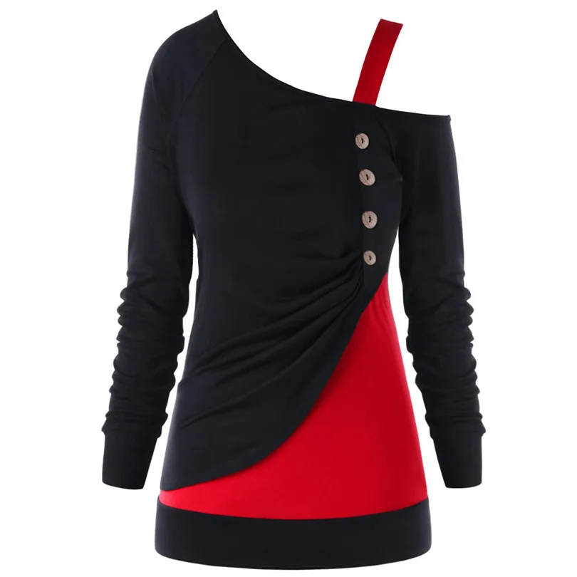 

KWAN_Fashion Women Botton Long Sleeve women Plus Size stripe One off shoulders Color Block Top T-Shirt vogue casual tshirt 2#