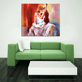 

Hand Painted Canvas Wall Art Girl Playing Music Modern Painting Decor For Living Room Unframed Gift
