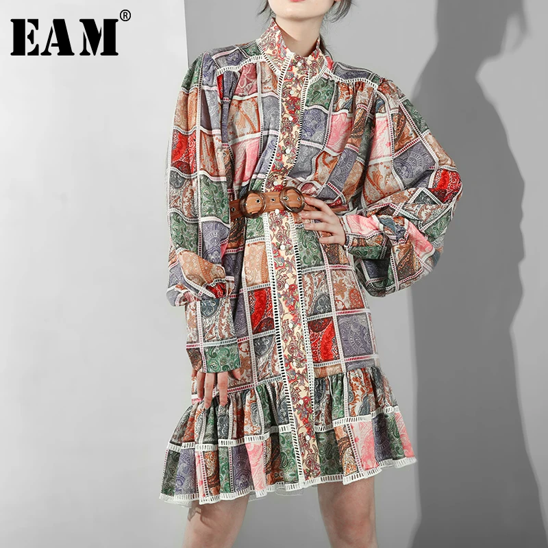 

[EAM] 2019 New Autumn Winter Stand Collar Long Sleeve Pattern Printed Lose Ruffles Hem Temperament Dress Women Fashion FM42