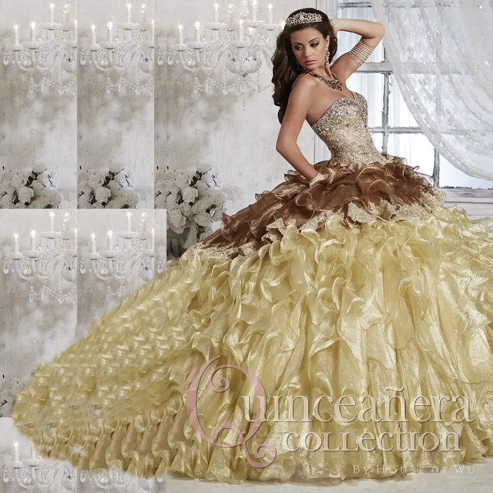 Hot 2016 Gold Quinceanera Dresses Masquerade Ball Gowns With Beaded