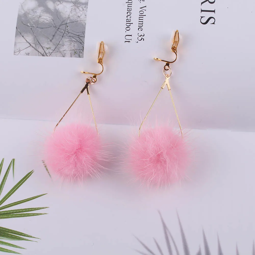 Rabbit Fur Ball PomPom Long wedding clip on earrings for Women Unique Soft Pom Pom Ear Earring Jewelry Cute Christmas Gift