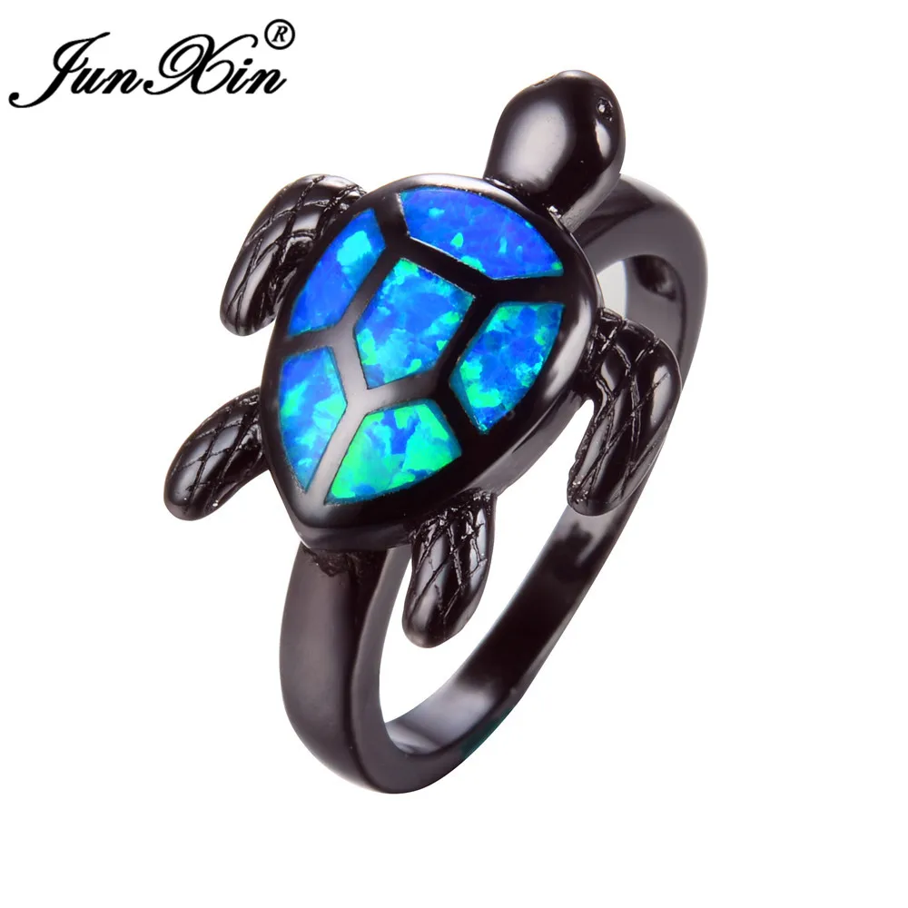 JUNXIN 6 цветов женское белое/синее огненное Опаловое кольцо черепаха кольцо черное Золотое заполненное животное ювелирные изделия винтажные Свадебные Кольца для женщин - Цвет основного камня: Blue Black