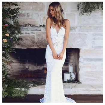 

LORIE Lace Wedding Dress Spaghetti Straps 2019 Simple Mermaid Beach Bride Dress Custom Made Sexy Fairy White Ivory Wedding Gown