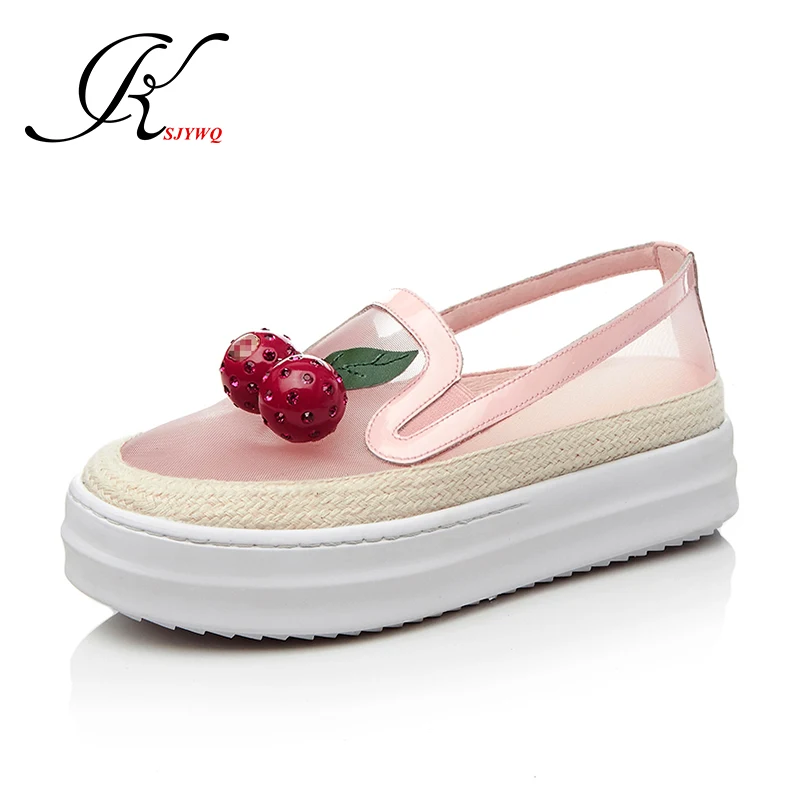 

2017 Black Lace Large Women Flats 5 cm Platform Shoes Cherry decoration Spring School Loafers Plus Size 43 Box Packing 207-268