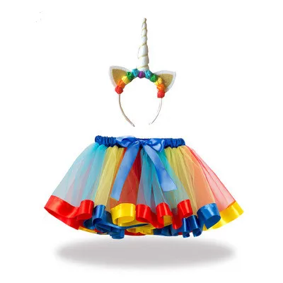 Детские платья для девочек многослойные юбки-пачки цветов радуги; юбка-пачка Рог единорога, повязка на голову с цветком, праздничный костюм на день рождения Размеры на 2-12 л - Цвет: SX-RT086H