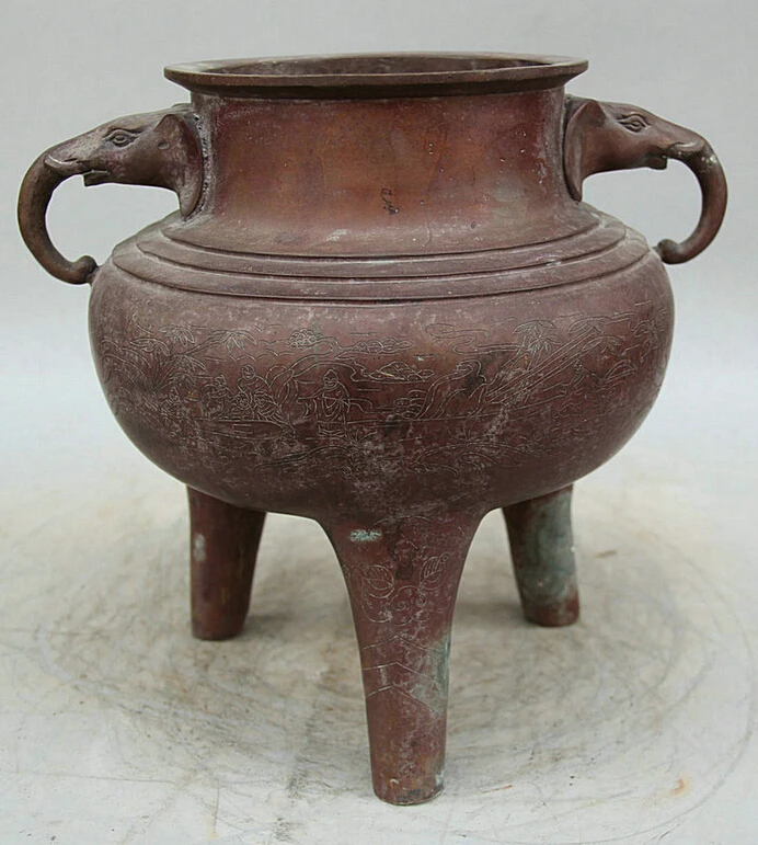

Elegant old S5681 10" Marked Chinese Bronze scenery menfolk elephant handle Incense Burner Censer statue