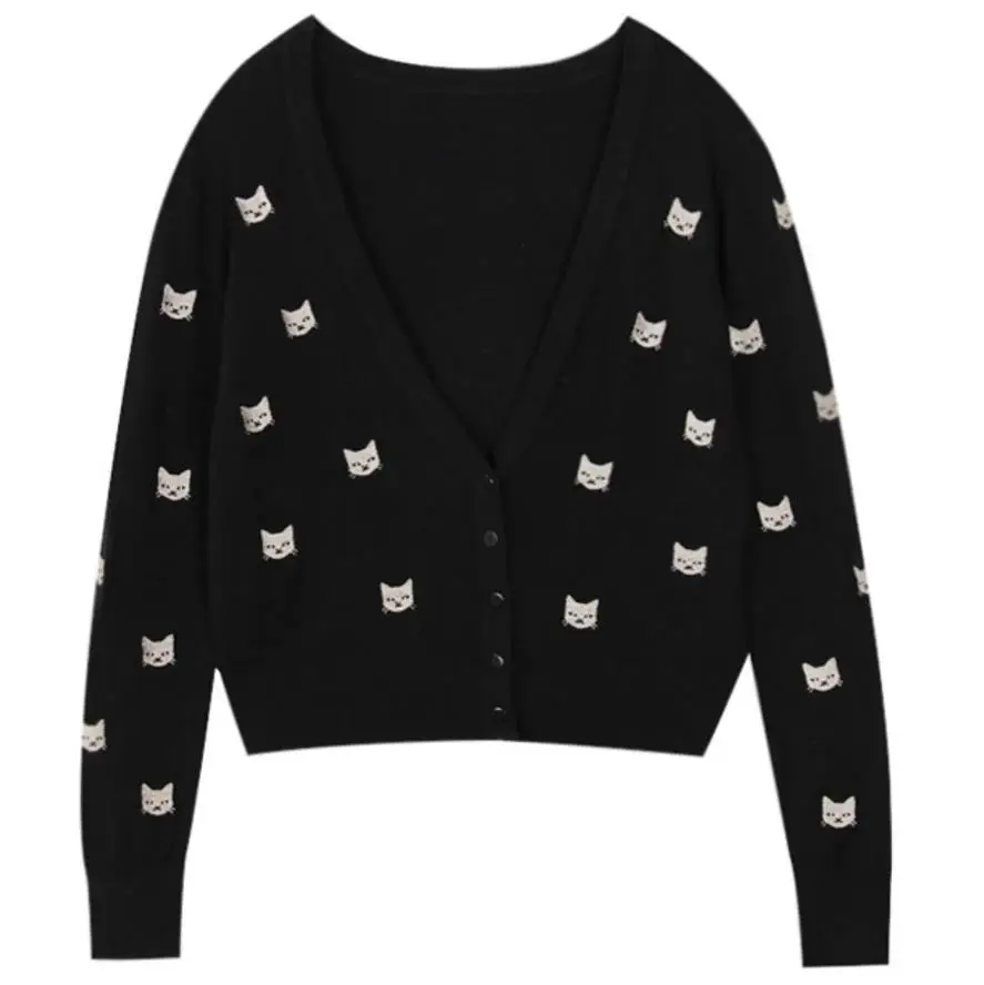 Осень 2018 Новая мода вязать кардиган женские вышитые кошка свитер v-образным вырезом с длинными рукавами Толстовка