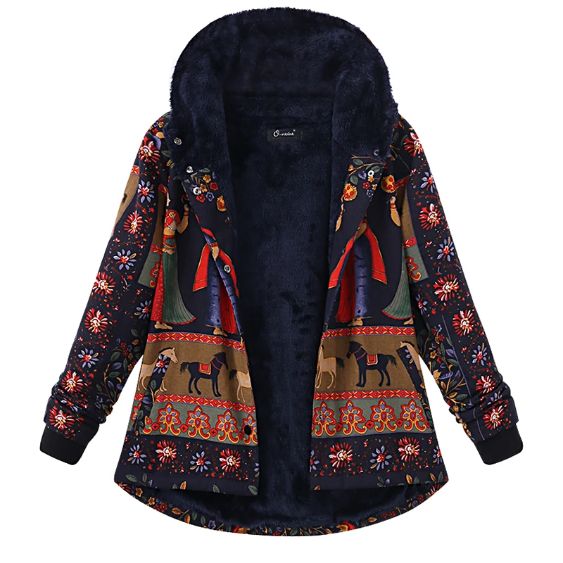Женская зимняя плюшевая пушистая куртка с капюшоном из искусственного меха, винтажная верхняя одежда с цветочным принтом, Повседневная теплая флисовая куртка с капюшоном и длинным рукавом - Цвет: Синий