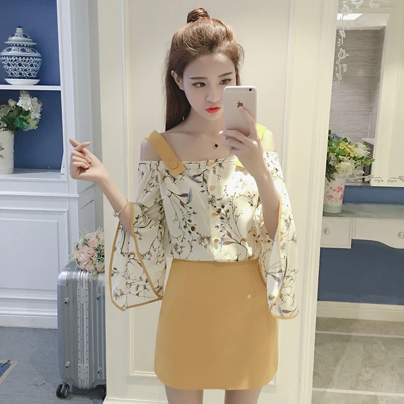 

A Women Blouse Slim Skirt Clothing Set 2019 Summer New Design Skirt Suit Dew Shoulder Floral Chiffon Two-Piece Outfit Korea Styl