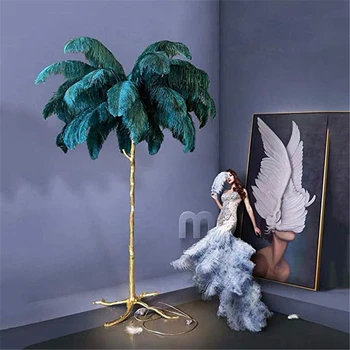 

Nordic LED Floor Lights Lights Ostrich Feather Gold Copper Brass Resin LED Floor Lamp Tripot Standing Lamps Living Room Decorate