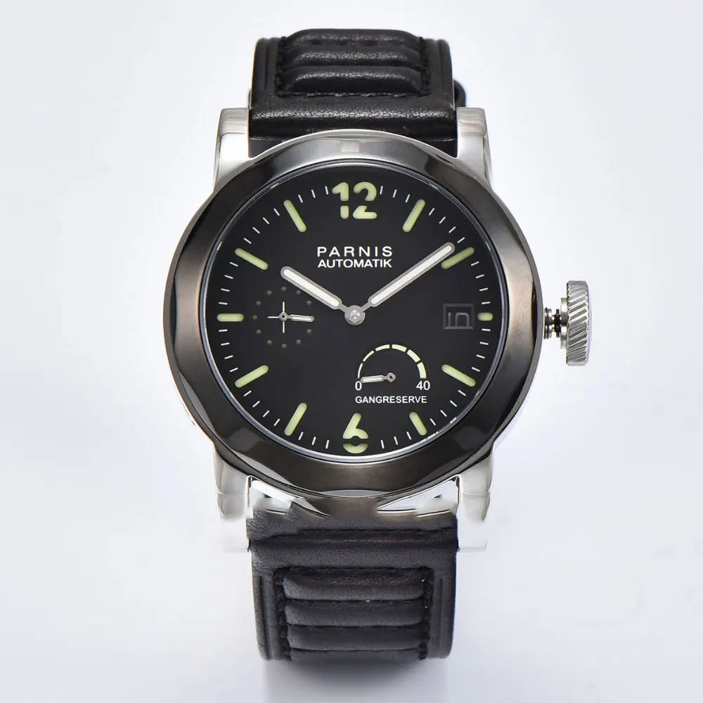

Valentines gifts Romantic Sweet 44mm Parnis Black Dial Luminous Hands Leather strap Automatic Watch Movement men's Watches