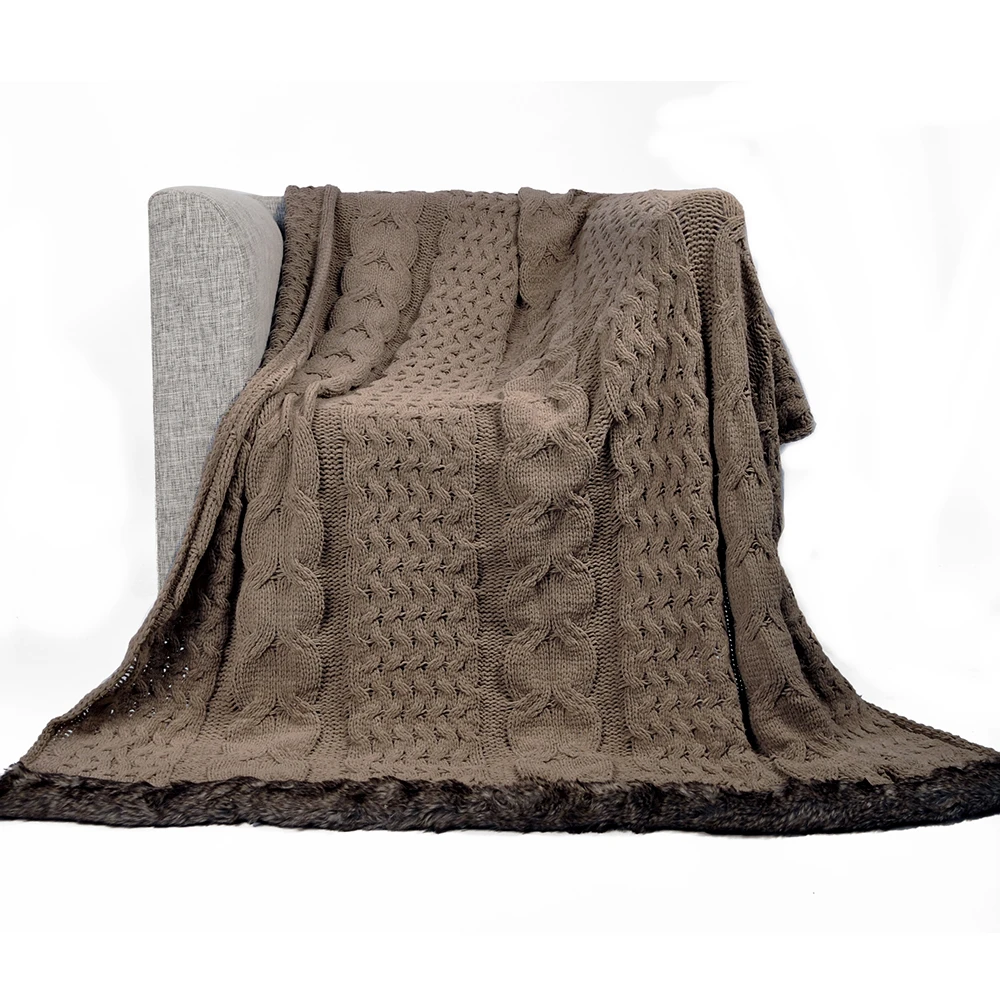 Battilo Cable Knitted Luxury Chenille Throw Blanket With Faux Fur