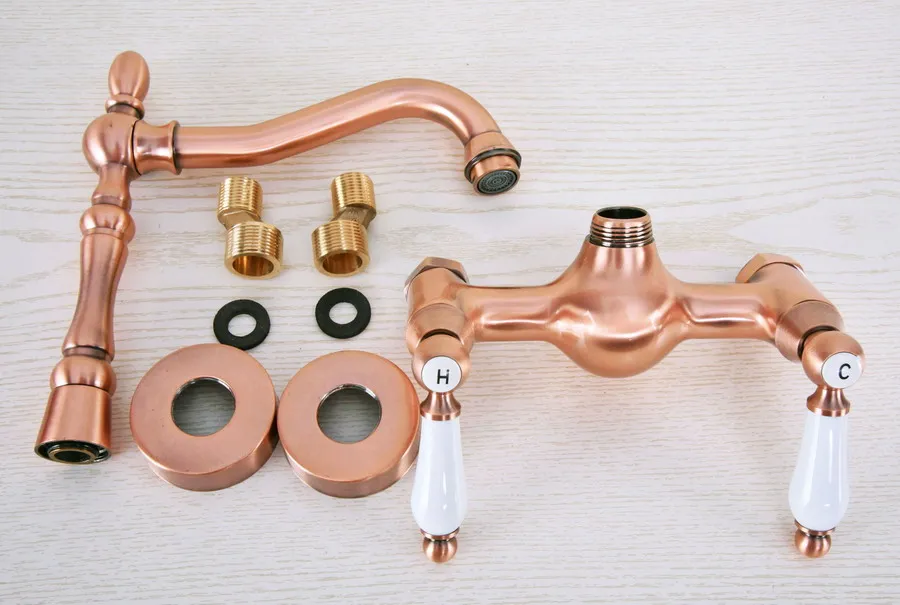Antique Red Copper Brass Wall Mounted Bathroom Kitchen Sink Faucet Swivel Spout Mixer Tap Dual Ceramics Handles Levers anf947