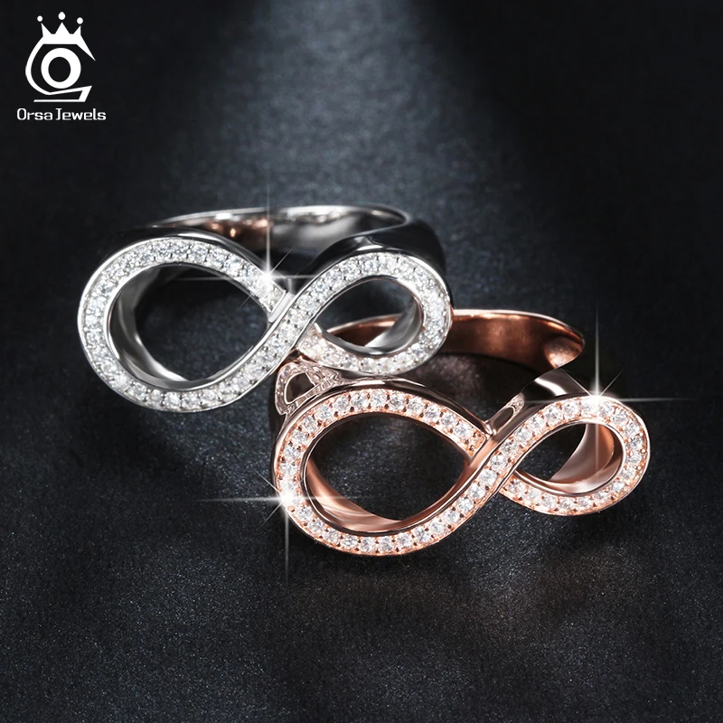 

ORSA JEWELS Female Infinity Shape Rings Silver Rose Gold Color Digital 8 Shape Ring Shiny AAA CZ Women Party Jewelry AAOR126