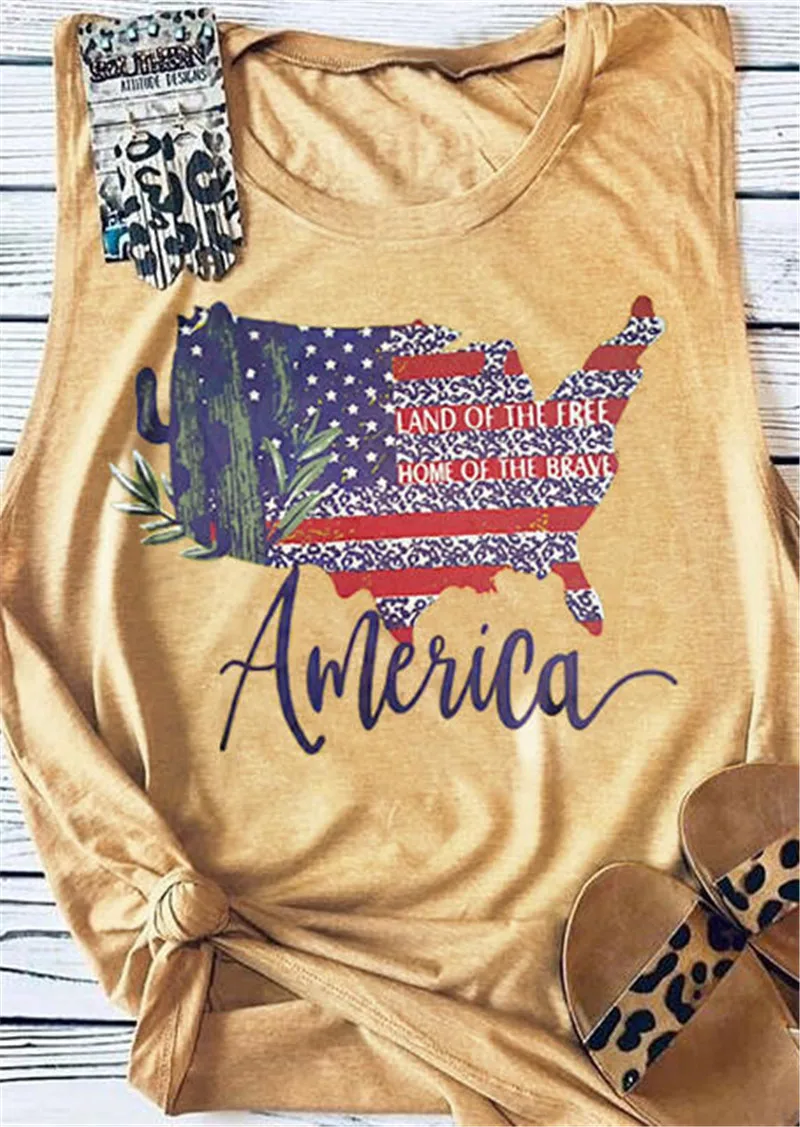 

2019 Summer Top Women Fashion Sleeveless Tees American Map Printed Tank Tops camisa femenina basic summer tees women