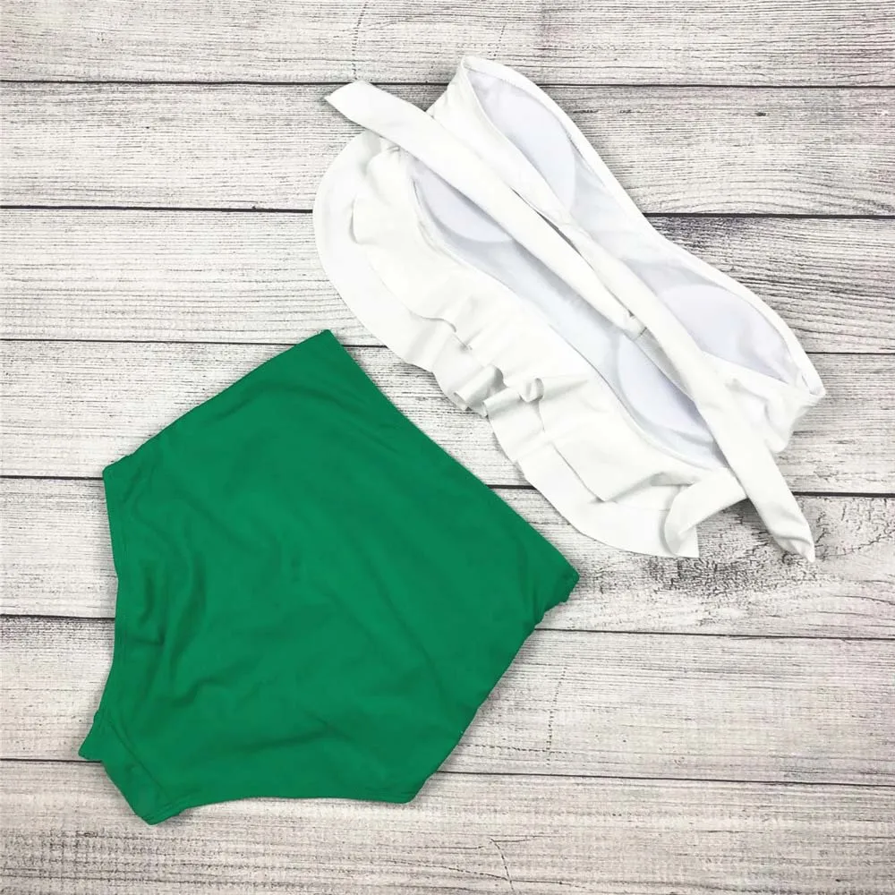 Women Swimsuit Female Separate High Waist Bikini 2019 Mujer Ruffle Swimming Suit Push Up Swimsuit Green White Beachwear Swimwear