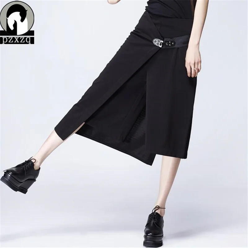 Летние женские свободные штаны, укороченные штаны+ юбка, 2 комплекта, повседневные эластичные Широкие штаны с высокой талией, однотонные черные модные брюки - Цвет: Черный