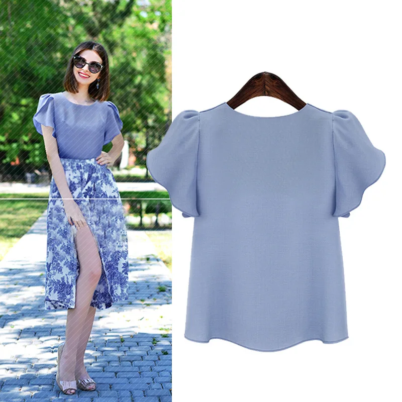 Amoyblue Sky Blue Chiffon Blouse Shirts 2017 Summer Womens Fashion Shirts Lotus Leaf Sleeve Linen Ladies Elegant Slim Blouse 5XL Blouses